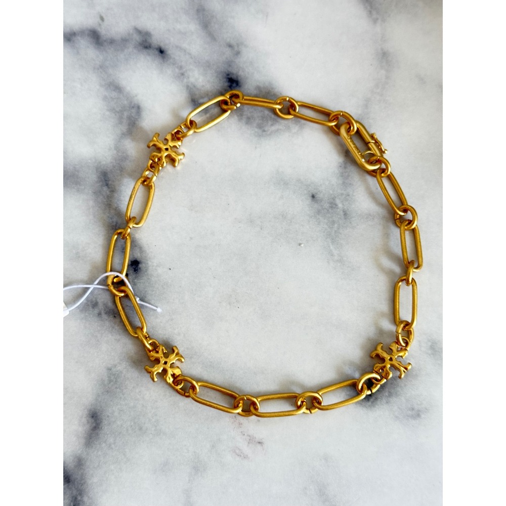 Tory Burch Roxanne Gold Tone Paperclip Chain Necklace Logo Charms 15.5 Inch
